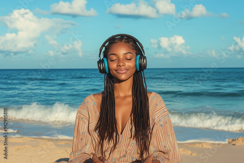 A portrait of a beautiful young Black woman enjoying music with headphones, smiling with closed eyes, basking in blissful relaxation against a summer ocean backdrop, radiating peac photo