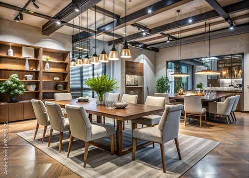 In a vast retail space, stylish and modern dining furniture stands out against high ceilings and bright lighting,