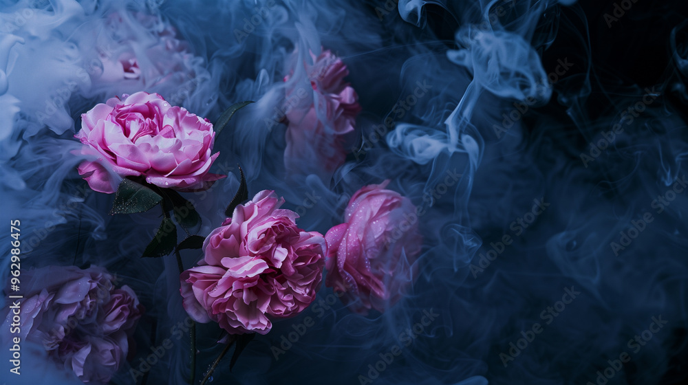 Colorful flowers shrouded in smoke on a black background create a dramatic and surreal atmosphere. Fresh flowers. Smoke. Gothic, dark, dramatic background. Botany. Flora. Plants. Bouquet. Floristics. Colorful flowers shrouded in smoke on a black background create a dramatic and surreal atmosphere. Fresh flowers. Smoke. Gothic, dark, dramatic background. Botany. Flora. Plants. Bouquet. Floristics.