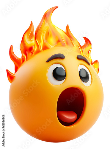 Excited emoji character with fiery hair expressing surprise and fun isolated on transparent background