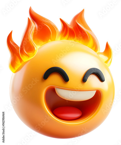 Smiling emoji with flaming hair expressing excitement and joy isolated on transparent background
