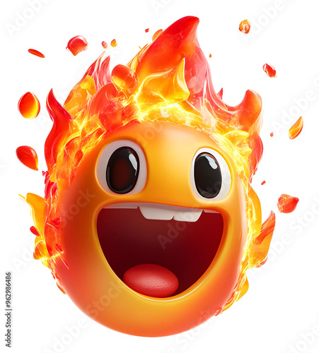 Happy emoji with fiery flames surrounding it in vibrant colors isolated on transparent background