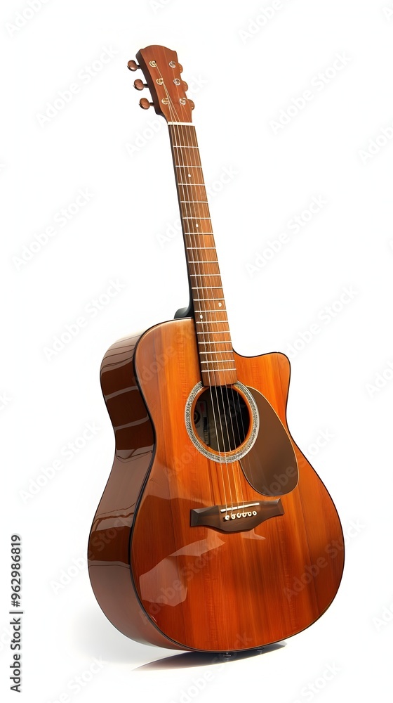 Fototapeta premium Elegant Acoustic Guitar with Polished Wood Finish on Isolated White Background for Creative Compositions
