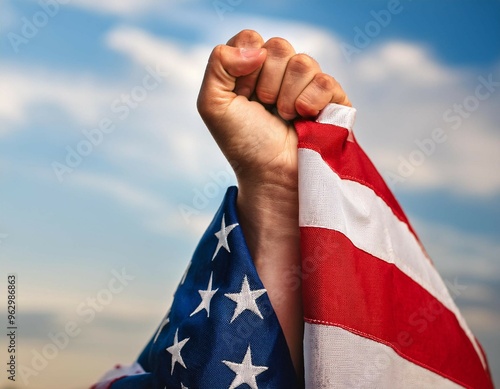 Raised fist wrapped in American flag against dramatic sky photo