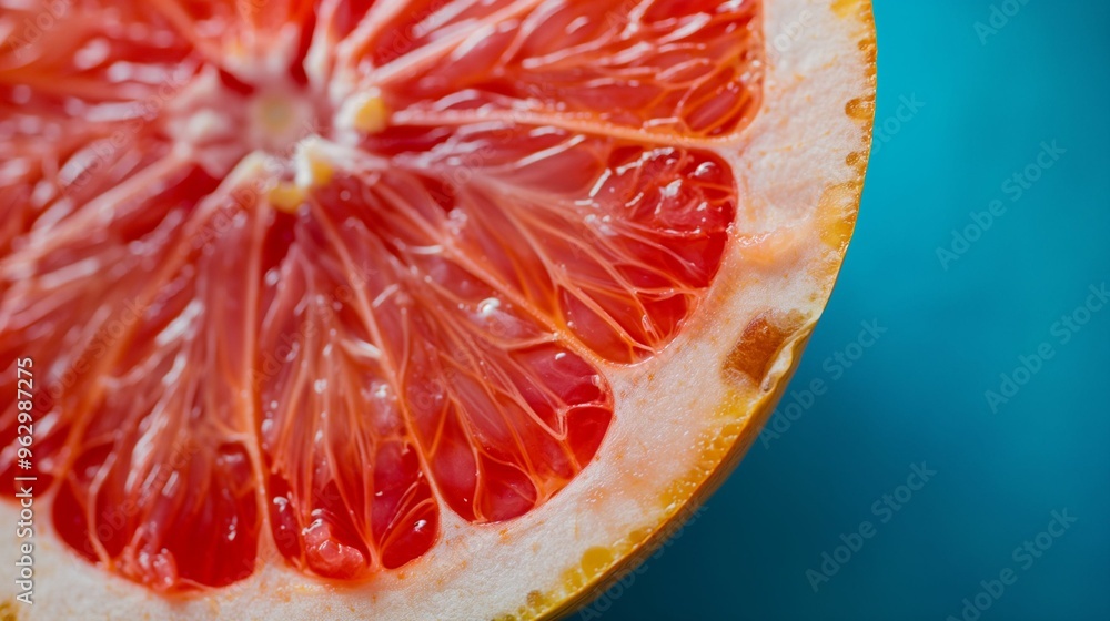 Close-up of a grapefruit half on a blue background. Close-up of a grapefruit half on a blue background.