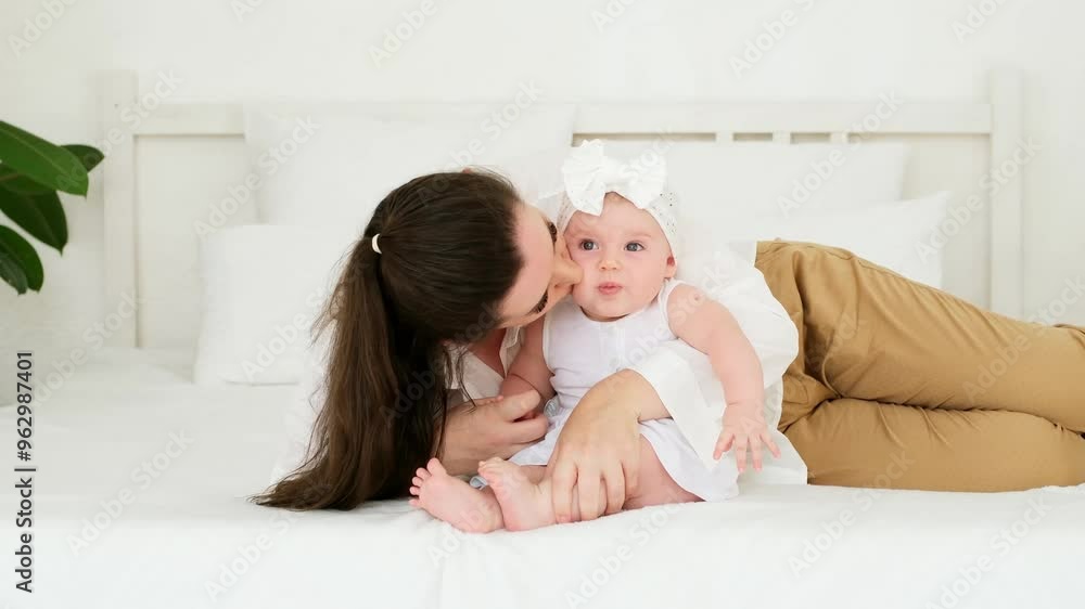 mom and baby hug and kiss at home on the bed in the bedroom, parental love and care, happy motherhood, mom with a baby in her arms, space for text mom and baby hug and kiss at home on the bed in the bedroom, parental love and care, happy motherhood, mom with a baby in her arms, space for text