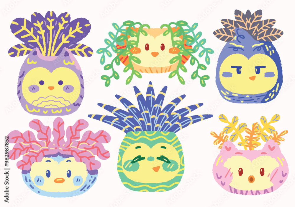Cute and colorful owl flower pot illustration Cute and colorful owl flower pot illustration
