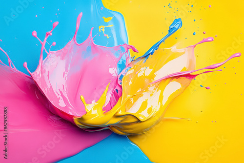 Color-gel, painting splashing, yellow pink and blue photo