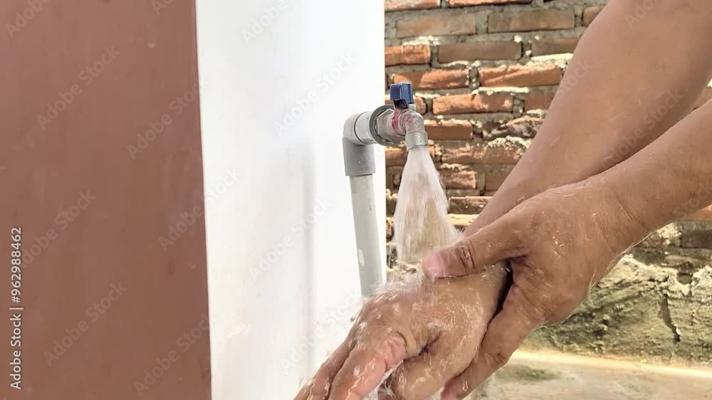 Close-up shot of hands being washed at a tap, emphasizing hygiene and cleanliness. Close-up shot of hands being washed at a tap, emphasizing hygiene and cleanliness.