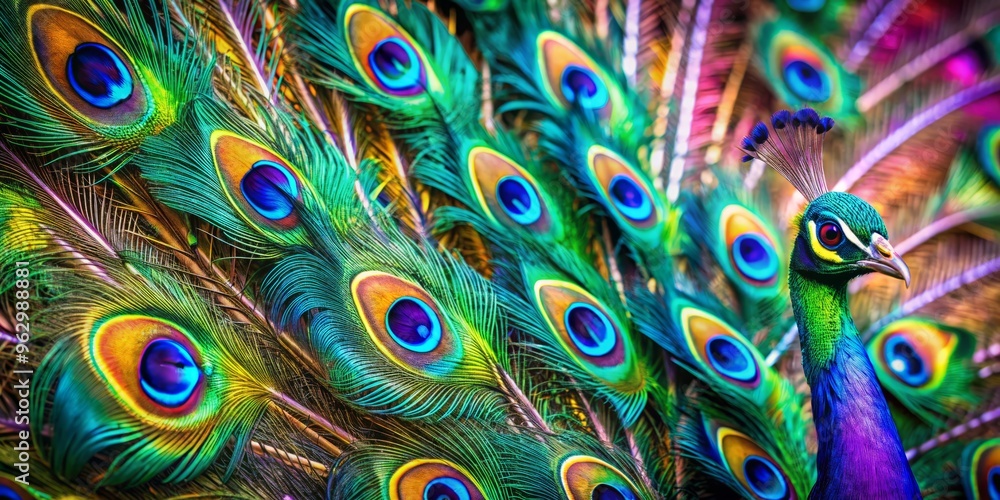Fototapeta premium Iridescent peacock feathers showcase intricate patterns and eye-catching colors, radiating vibrant hues that shimmer