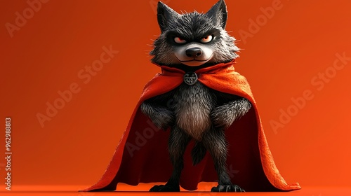 A heroic cartoon wolf in a red cape stands boldly against an orange background.