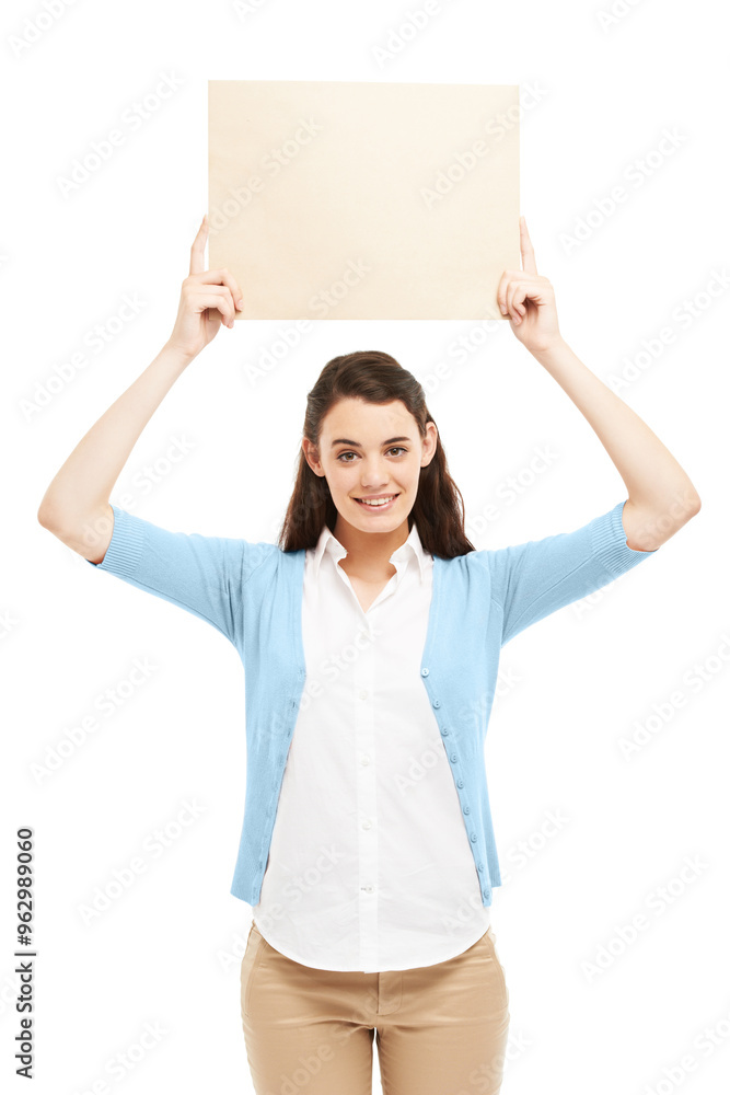 Woman, poster and happy on portrait in studio background for promotion and marketing as teacher with mockup space. Female person, sign board and presentation with instructions and information Woman, poster and happy on portrait in studio background for promotion and marketing as teacher with mockup space. Female person, sign board and presentation with instructions and information