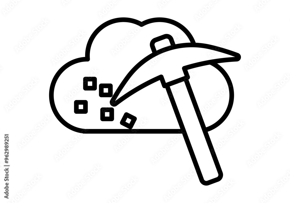 Icono negro de pico picando nube internet representando minería criptomonedas Icono negro de pico picando nube internet representando minería criptomonedas