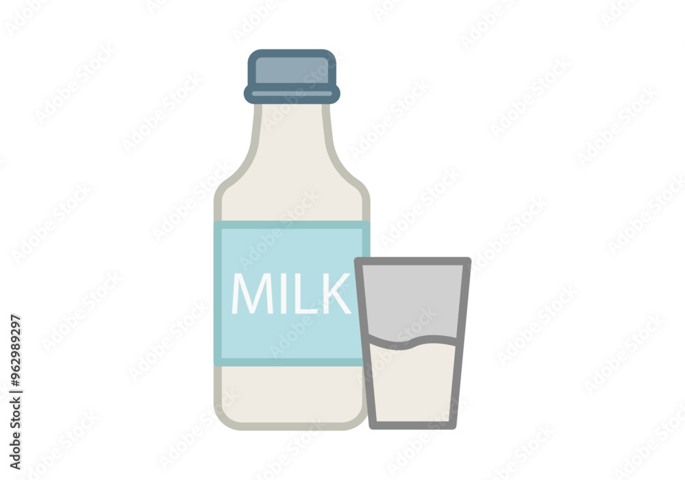 Botella de leche con vaso de desayuno Botella de leche con vaso de desayuno