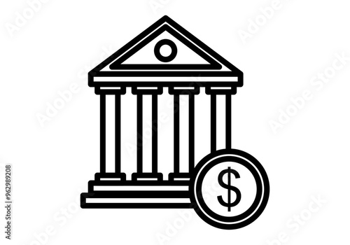 Icono negro de templo griego y moneda de dólar representando banco
