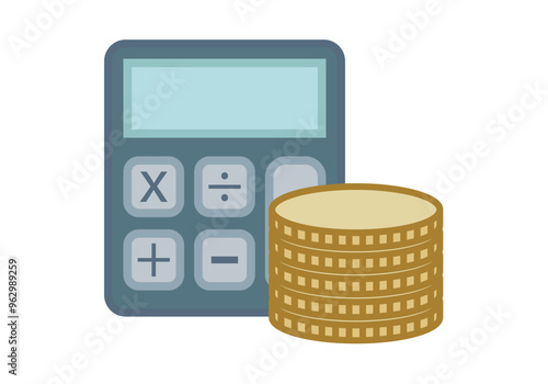 Calculadora azul con pila de monedas doradas