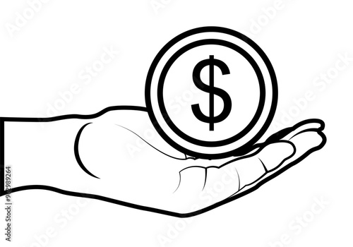 Icono negro de mano dando moneda de dólar