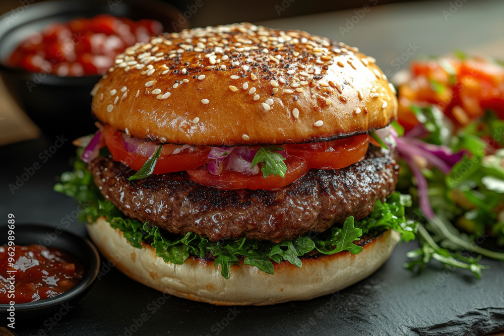 Two burger sliders placed on a wooden board in rustic atmosphere. Very tasty burgers with melted cheese, lettuce, tomato and sauce Two burger sliders placed on a wooden board in rustic atmosphere. Very tasty burgers with melted cheese, lettuce, tomato and sauce