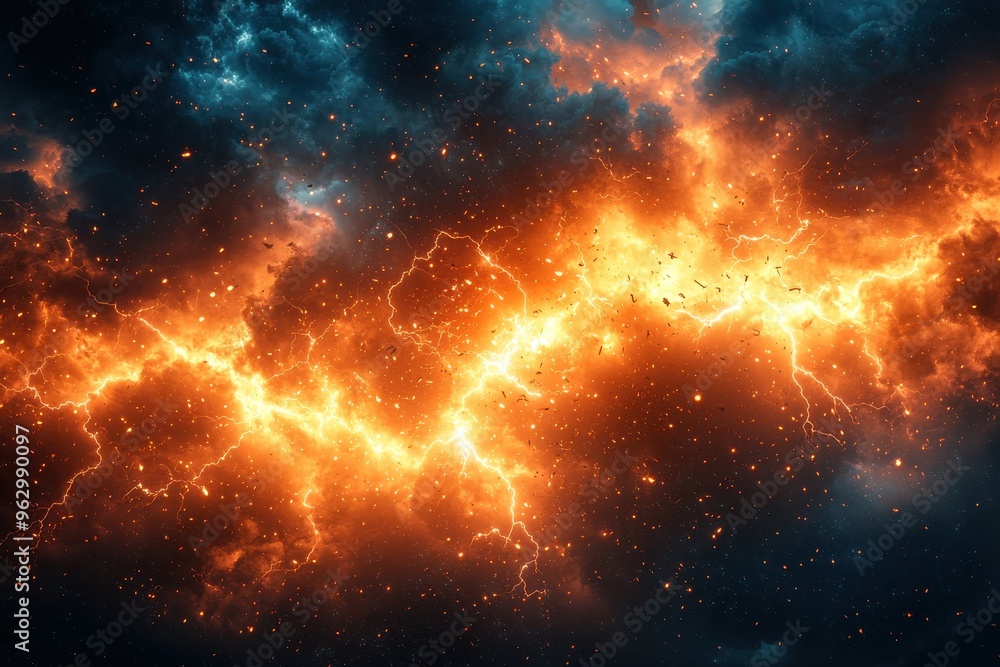 Fiery cosmic explosion in deep space with intense flames and clouds of gas Fiery cosmic explosion in deep space with intense flames and clouds of gas