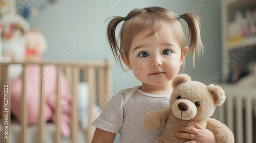 A young girl with pigtails holds a teddy bear in her arms.