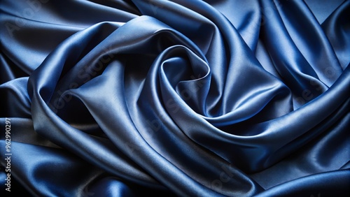 Luxurious navy blue satin fabric folds yield a close-up of gentle waves, smooth and lustrous, inviting touch and photo