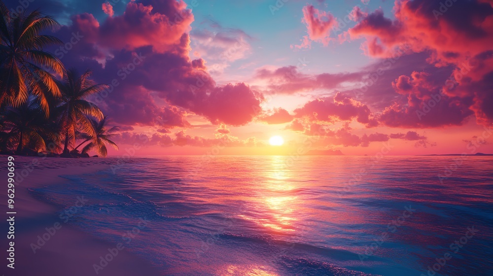 Dramatic sunset over the ocean with vibrant colors and clouds Dramatic sunset over the ocean with vibrant colors and clouds