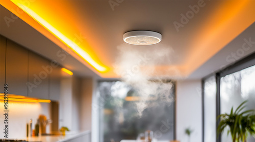Smoke detector on ceiling in modern house .