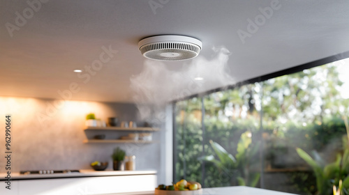 Smoke detector on ceiling in modern house .