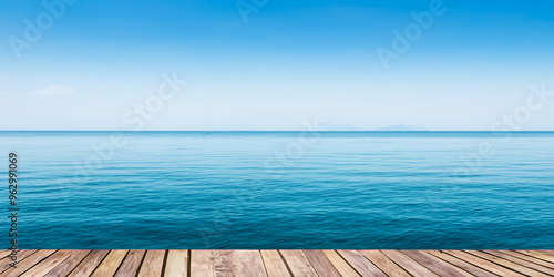 Wooden Deck Overlooking Calm Sea – Water and Horizon Texture Background
