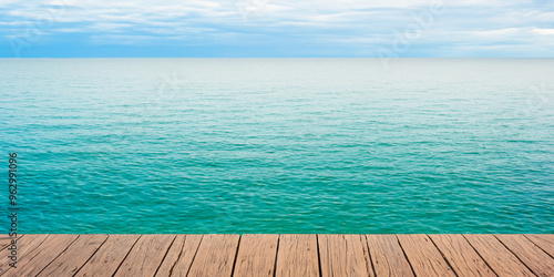 Wooden Deck Overlooking Calm Sea – Water and Horizon Texture Background photo