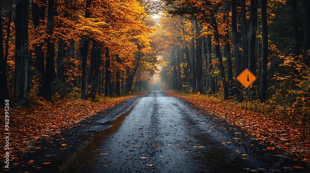 A winding road through a misty autumn forest with fallen leaves. A winding road through a misty autumn forest with fallen leaves.