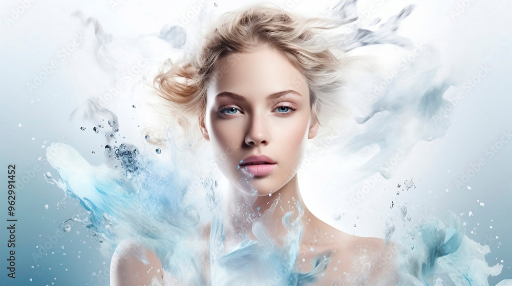 Young woman with clean skin and splash of water with face glowing, healthy skin.Close up beauty female woman portrait hydrating care face with cosmetic product. Young woman with clean skin and splash of water with face glowing, healthy skin.Close up beauty female woman portrait hydrating care face with cosmetic product.