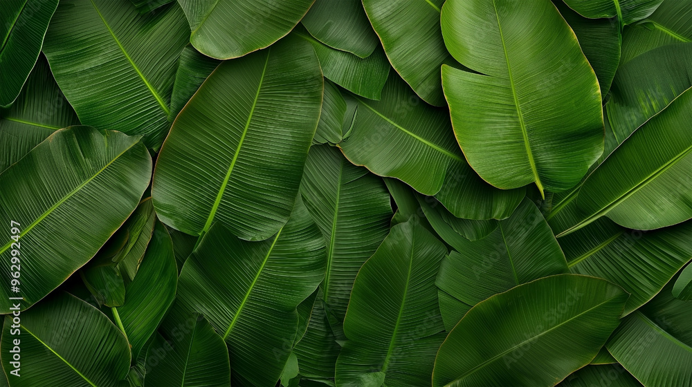 Obraz premium A high-quality image showcasing vibrant, lush green banana leaves with intricate textures and natural patterns.