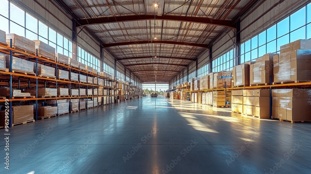 Empty warehouse with boxes on shelves Empty warehouse with boxes on shelves