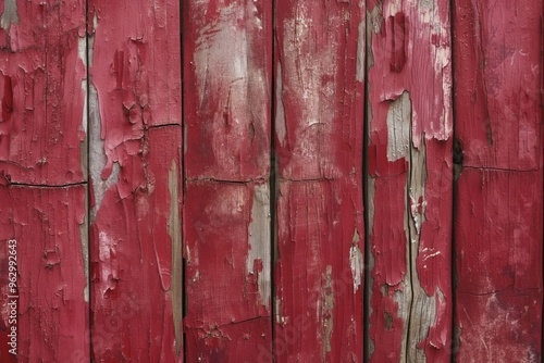 Weathered red fence with peeling paint reveals wooden planks. Rustic background highlights vertical boards. Old burgundy color stands out against blurred surroundings.