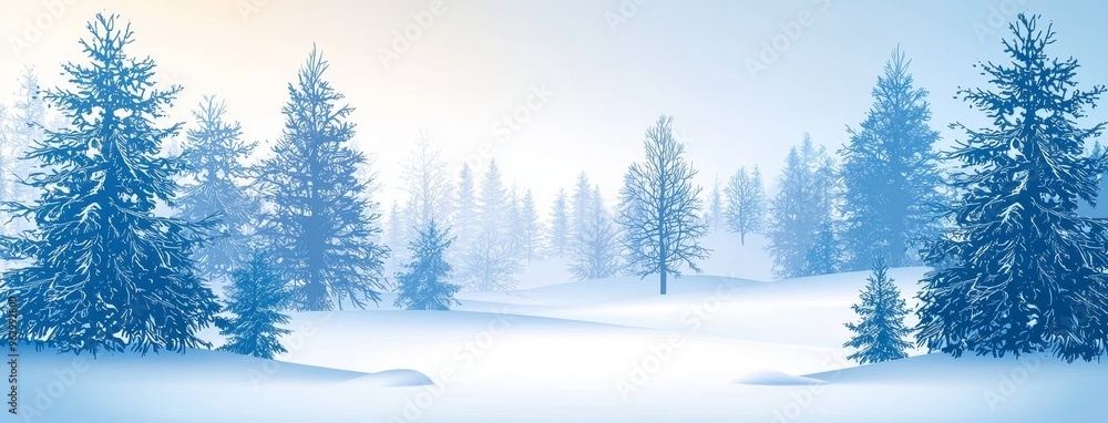 Fototapeta premium Snowy forest background, isolated border in winter.