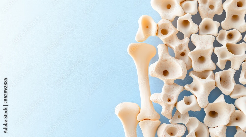 Obraz premium Human bones with visible porous texture, showing the effects of osteoporosis, 3D anatomical illustration, Realistic, Soft lighting, Cool blue and beige tones, High detail