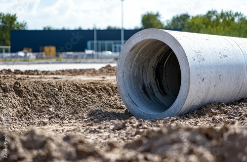 In a construction area near a ditch, a row of concrete drainage pipes can be seen. Concrete pipes stacked directly behind the ditch, aligned with the sewage water system.