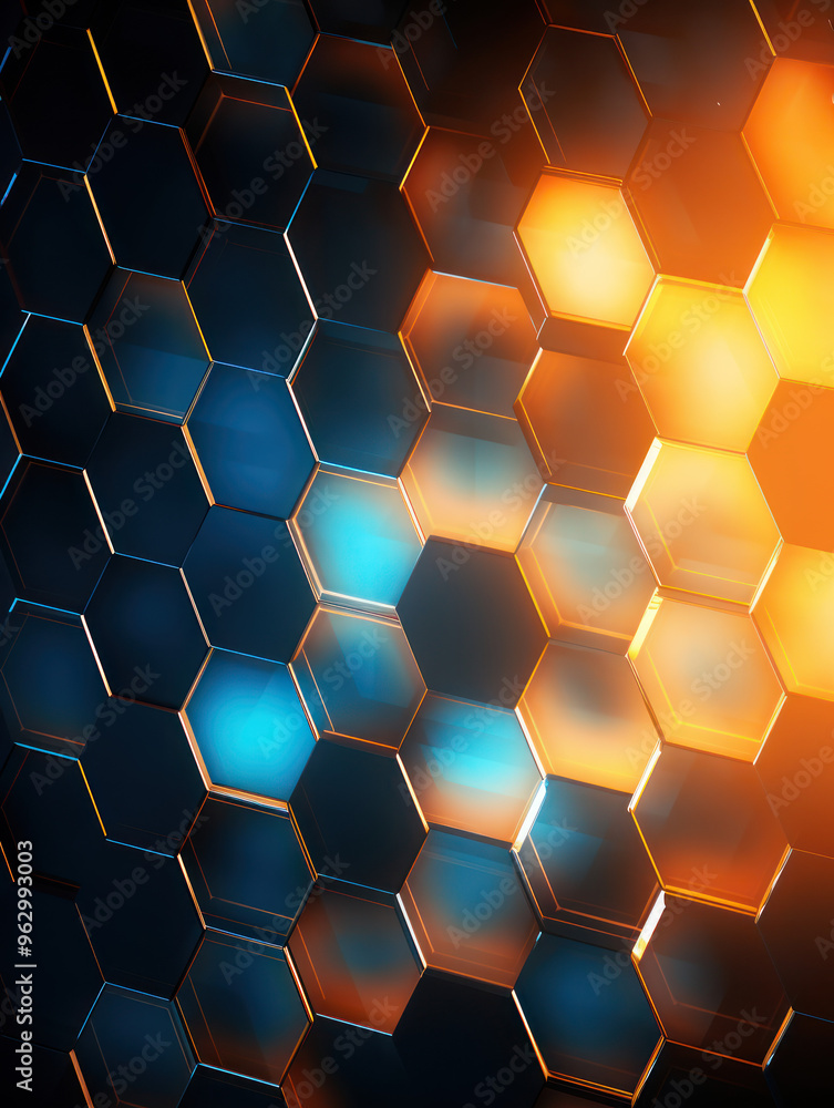 Hexagon background. Close-up surface made up of hexagonal. Honeycomb pattern. Illuminated outlines. Three-dimensional, depth, futuristic, geometric and colorful design. Dynamic lighting with rays. Hexagon background. Close-up surface made up of hexagonal. Honeycomb pattern. Illuminated outlines. Three-dimensional, depth, futuristic, geometric and colorful design. Dynamic lighting with rays.