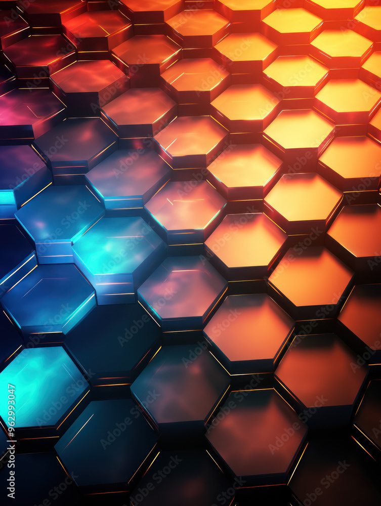 Hexagon background. Close-up surface made up of hexagonal. Honeycomb pattern. Illuminated outlines. Three-dimensional, depth, futuristic, geometric and colorful design. Dynamic lighting with rays. Hexagon background. Close-up surface made up of hexagonal. Honeycomb pattern. Illuminated outlines. Three-dimensional, depth, futuristic, geometric and colorful design. Dynamic lighting with rays.