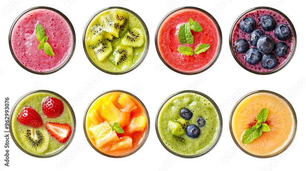 Naklejka premium Top view of colorful fruit smoothies with fresh ingredients like kiwi, blueberries, strawberries, and pineapple, collection isolated on transparent background