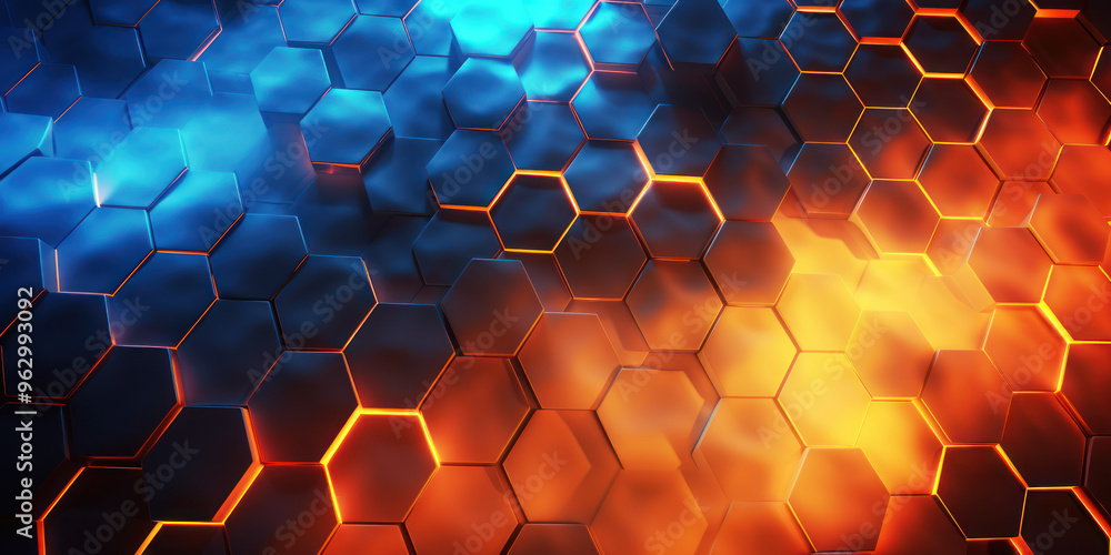 Hexagon background. Close-up surface made up of hexagonal. Honeycomb pattern. Illuminated outlines. Three-dimensional, depth, futuristic, geometric and colorful design. Dynamic lighting with rays. Hexagon background. Close-up surface made up of hexagonal. Honeycomb pattern. Illuminated outlines. Three-dimensional, depth, futuristic, geometric and colorful design. Dynamic lighting with rays.
