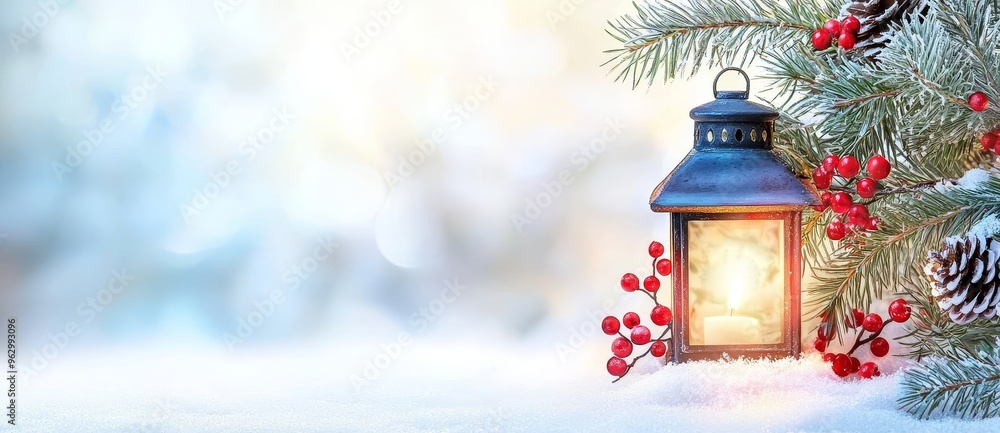 In the sunlight, a Christmas lantern rests on snow with a branch of fir. Winter decoration background. In the sunlight, a Christmas lantern rests on snow with a branch of fir. Winter decoration background.