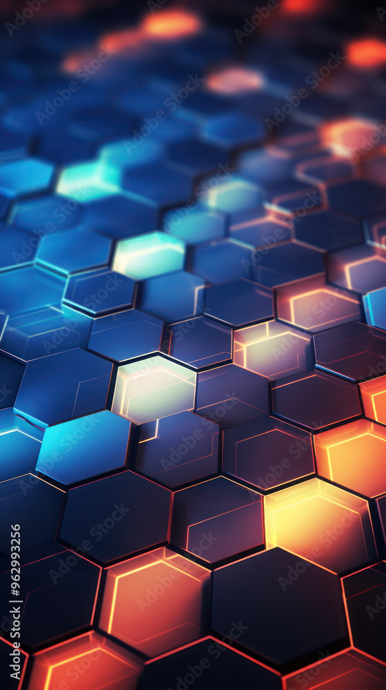 Hexagon background. Close-up surface made up of hexagonal. Honeycomb pattern. Illuminated outlines. Three-dimensional, depth, futuristic, geometric and colorful design. Dynamic lighting with rays. Hexagon background. Close-up surface made up of hexagonal. Honeycomb pattern. Illuminated outlines. Three-dimensional, depth, futuristic, geometric and colorful design. Dynamic lighting with rays.