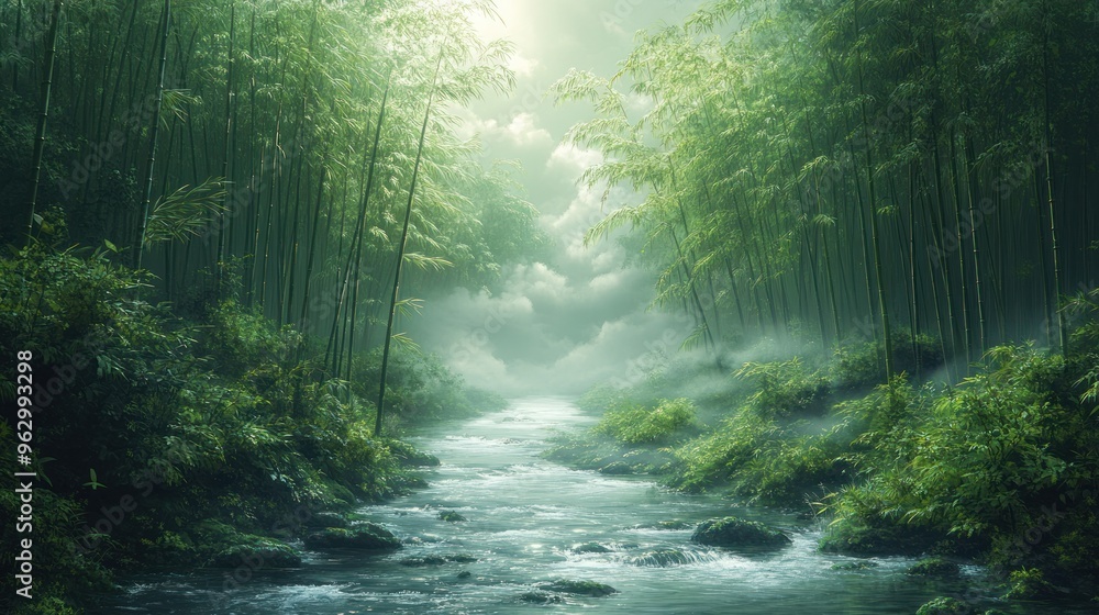 Serene bamboo forest with a tranquil river and misty atmosphere. Serene bamboo forest with a tranquil river and misty atmosphere.