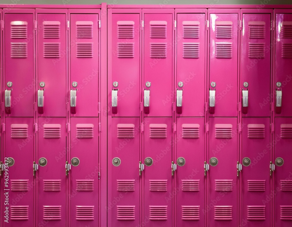 Row of pink school lockers with closed doors Row of pink school lockers with closed doors