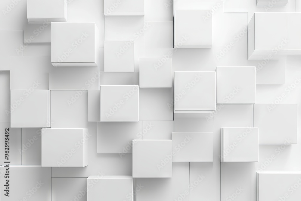 Abstract 3d white cube boxes with random shifting patterns, geometric block design for background, wallpaper, or banner with copy space