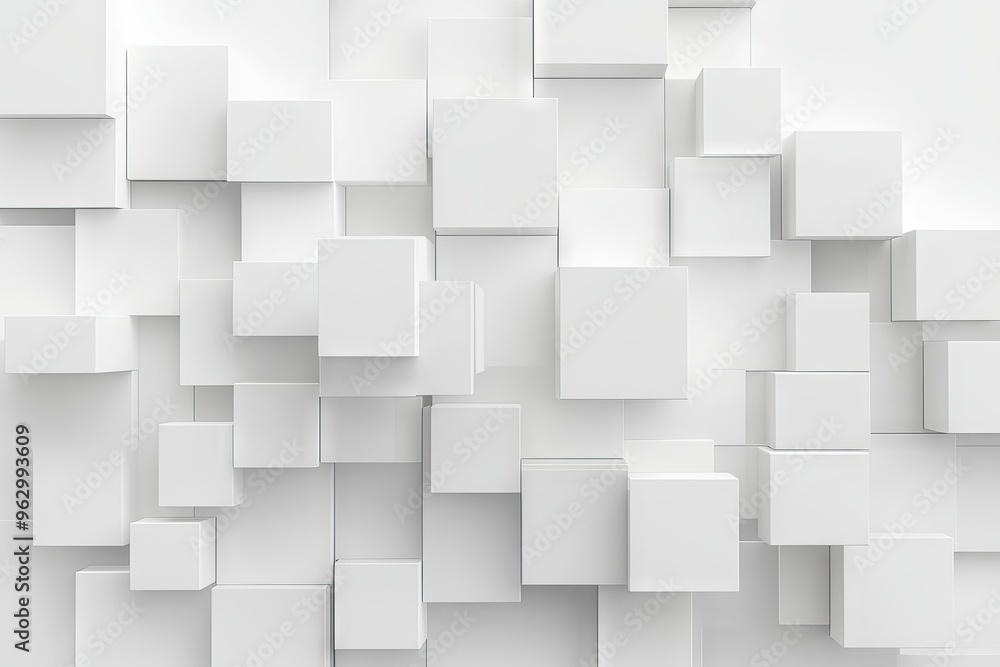 Abstract 3d white cube boxes with random shifting patterns, geometric block design for background, wallpaper, or banner with copy space
