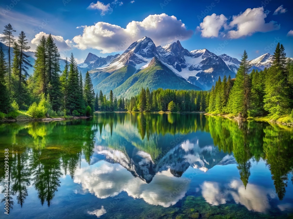 Serene mountain lake mirrors perfect tranquility, surrounded by lush greenery and snow-tipped peaks, its crystal waters Serene mountain lake mirrors perfect tranquility, surrounded by lush greenery and snow-tipped peaks, its crystal waters