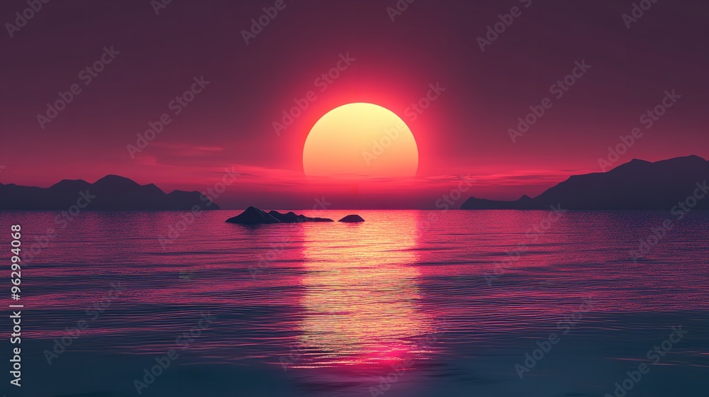 Beautiful sunset over a calm body of water with tropical palm trees. Perfect for travel and nature themed designs Beautiful sunset over a calm body of water with tropical palm trees. Perfect for travel and nature themed designs